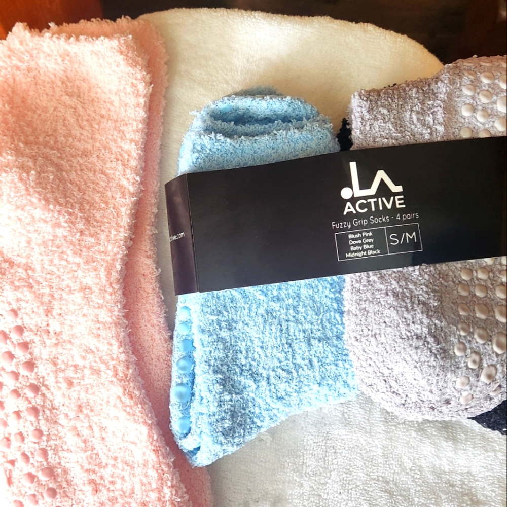 LA Active USA Fuzzy Grip Socks Pink, Blue, Black And Gray. Womens Size 6-10. NIB